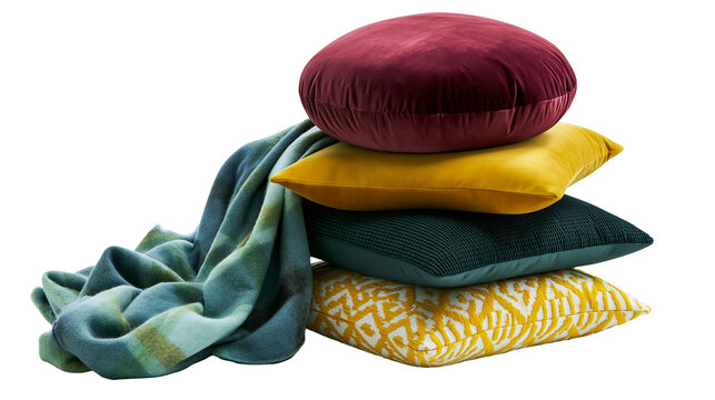 Stack of decorative pillows and folded throw blanket