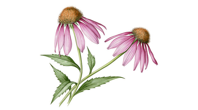 Two pink coneflower blossoms with green leaves
