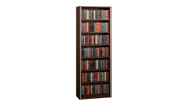 Tall dark wood bookshelf filled with colorful antique books