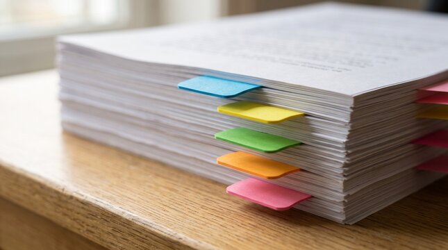 Close-up of a thick stack of organized documents with colorful adhesive index tabs attached to the edges documents organization business