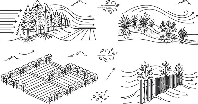 Agricultural windbreak barriers and soil erosion control forestry diagrams vector line art collection