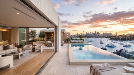 Fototapeta premium Waterfront apartment terrace with infinity pool overlooking city harbor