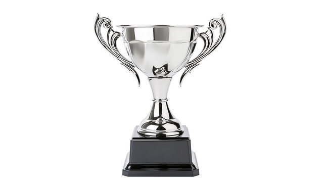 Silver trophy cup with ornate handles and black base