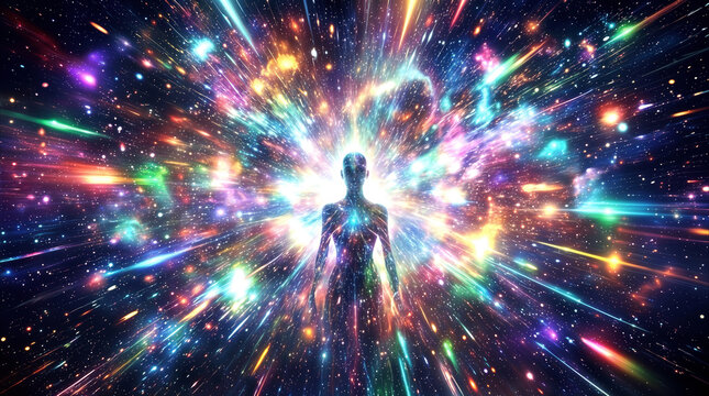 Humanoid silhouette emerging from vibrant cosmic energy burst. Transcendental consciousness and spiritual awakening concept in colorful universe.