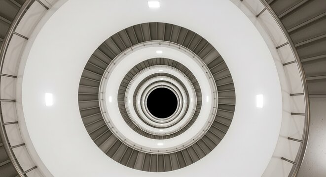 Aerial view of a modern spiral staircase with circular design and neutral tones