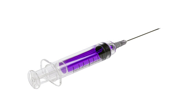 Plastic syringe with purple liquid and needle