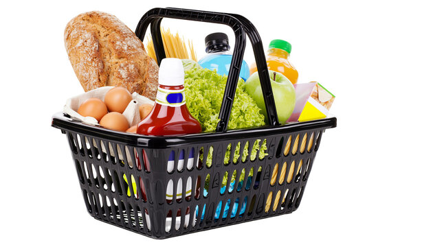 Black shopping basket filled with groceries bread eggs ketchup lettuce apple pasta juice, and drink