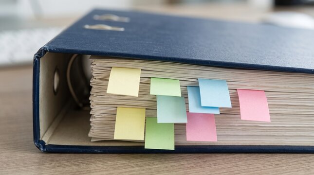 Blue ring binder folder with colorful adhesive index sticky note tabs for office organization stationary archiving document