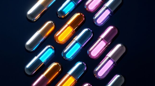 Multicolored capsules on a dark background with shiny surfaces and reflections