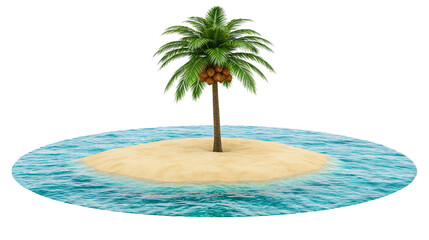 Palm tree with coconuts on small sandy island surrounded by turquoise ocean waves © Femke