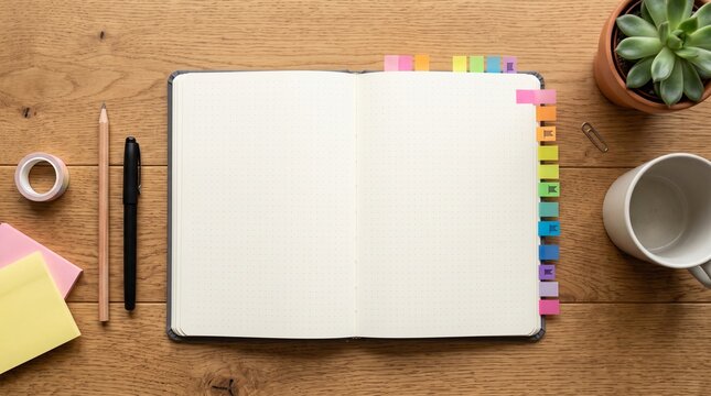 Top view of blank open planner with colorful index tabs and stationery notebook stationery planning colorful organization succulent