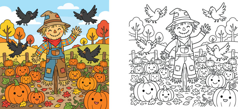 Cute cartoon scarecrow in a pumpkin patch coloring page with colored and line art outline version, autumn fall vector illustration for kids.