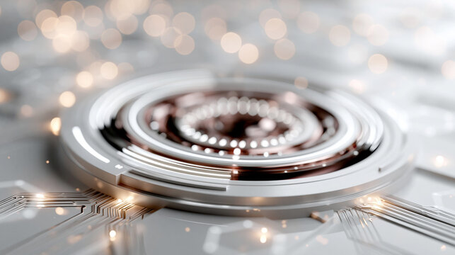 A sophisticated technological background featuring a central layered disc interface with fine white concentric rings and rotating arc panels, subtle circuit board pathways and fain