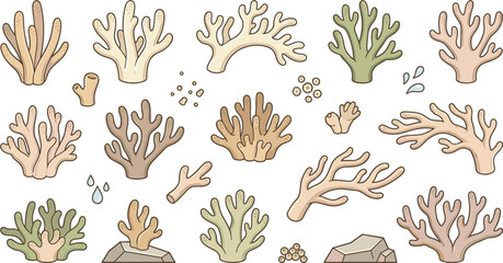 Hand drawn coral reef collection vector illustration featuring various sea coral branches and marine elements isolated on white background © Ratna