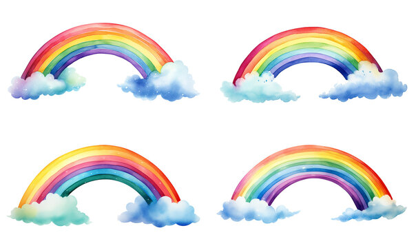 Watercolor rainbow elements set isolated on white background with colorful arch and soft clouds