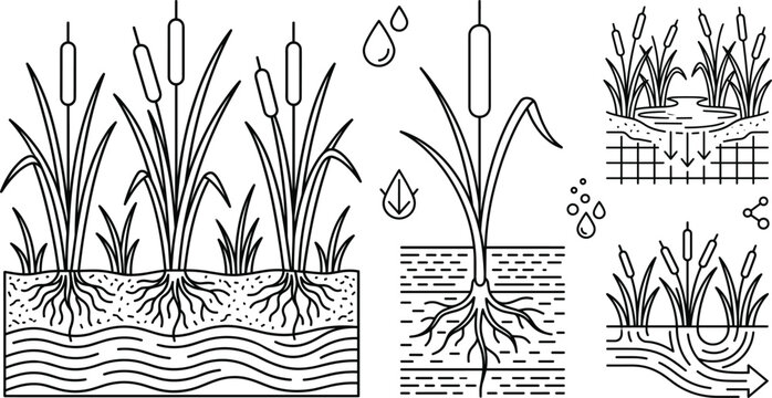 Wetland cattail plants and wastewater root zone filtration system diagrams vector line art set