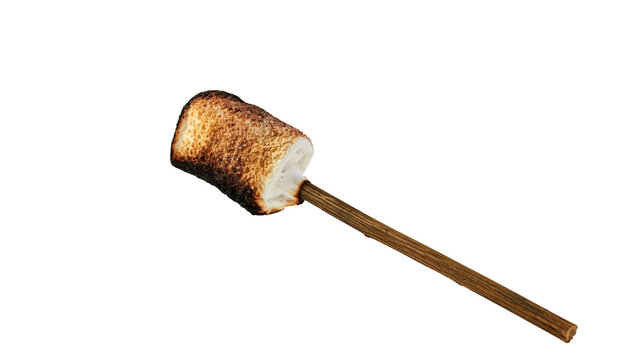 Toasted marshmallow on wooden stick, browned and slightly charred