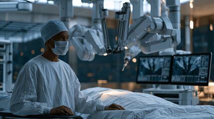 Fototapeta premium Surgical robot arms positioned above an operating table in a high-tech hospital theater, luxury interior grade stainless surfaces reflecting overhead surgical illumination, a