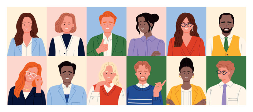 Collection of diverse business avatars featuring office workers, managers, and corporate staff portraits in flat style, isolated on white background vector illustration