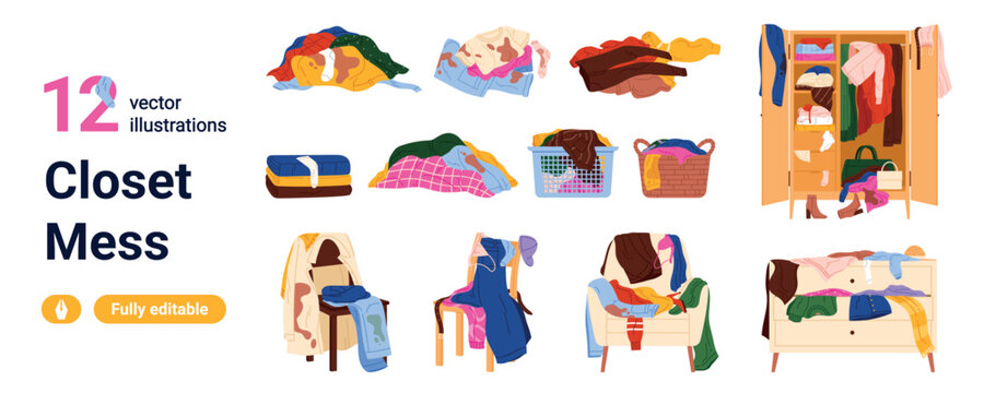 Collection of messy closet and laundry storage scenes with scattered clothes, baskets, chair piles, dresser clutter, and wardrobe disorder isolated on white background vector illustration