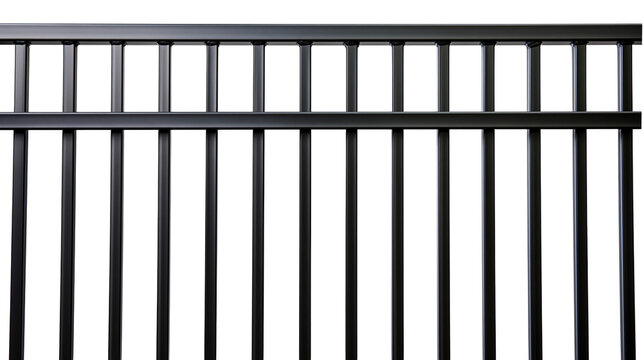 Black metal fence with vertical bars and horizontal rail