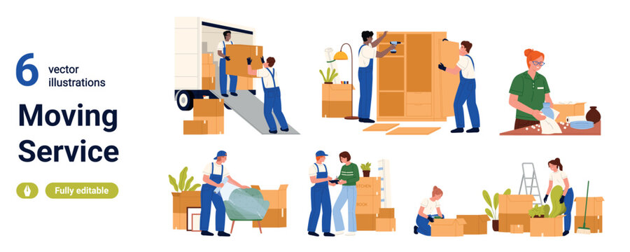 Set of movers loading truck, packing boxes, assembling furniture and handling household belongings during relocation, isolated on white background vector illustration