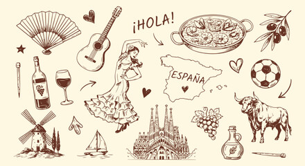 Spanish Cultural Symbols Illustration With Sketch Style Rendering And Warm Tones © mdsaikat