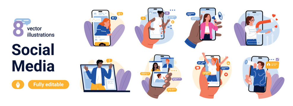 Collection of social media scenes with smartphone screens, messaging, video calls, influencer content, followers and online communication, isolated on white background vector illustration