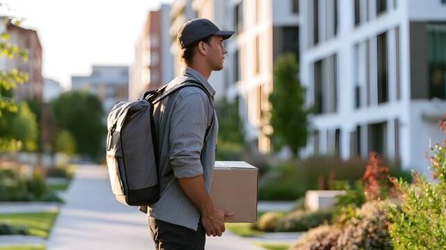A man carrying a cardboard box and wearing a backpack walks along a paved path between modern buildings under warm sunlight