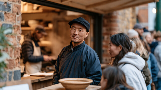 A pop up ramen restaurant in a covered market opens its shutter to a queue of waiting diners stretching around the corner, Mongolian chef tying apron inside, steam already rising,