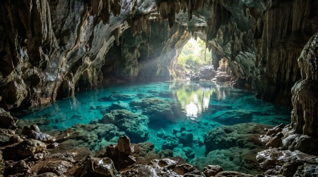 Beautiful Crystal Clear Blue Water Pool Inside a Natural Cave Formation.