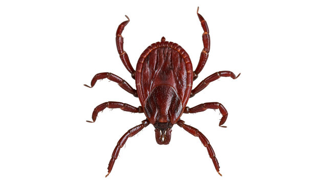 Brown tick with eight legs and segmented body