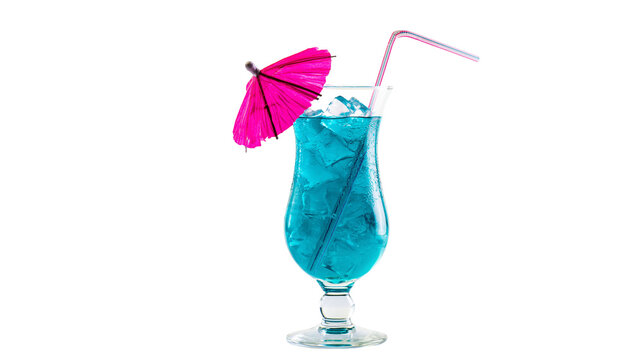 Blue cocktail with ice cubes, pink umbrella and striped straw