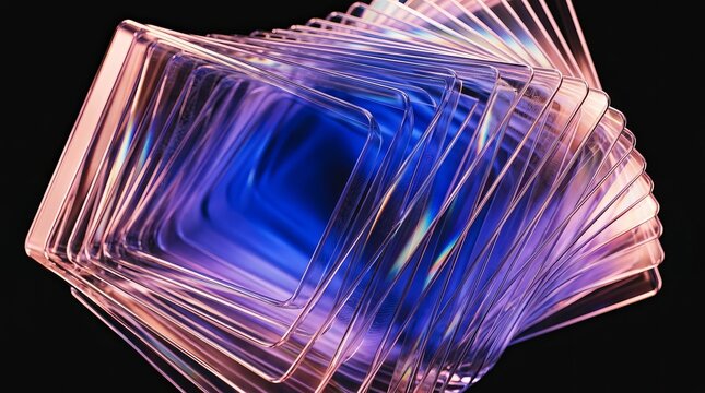 A stack of shiny transparent plastic cards with blue and pink hues on black background
