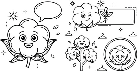Fototapeta premium Cute organic cotton boll mascot characters and textile fabric labels vector line art illustration set