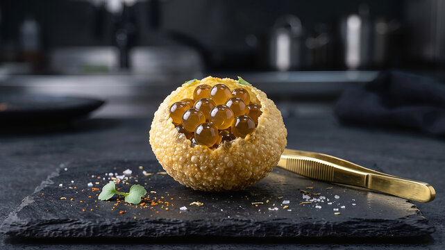 Molecular gastronomy pani puri on a black slate plate with gold tweezers, side view