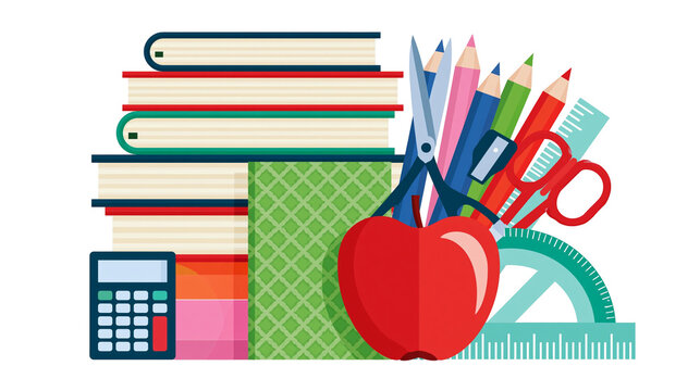 Stack of books apple calculator pencils scissors ruler, protractor