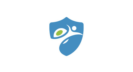 Fototapeta premium A blue shield icon featuring a stylized human figure and a green organic shape