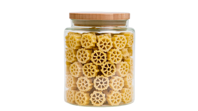 Rotelle pasta in glass jar with wooden lid