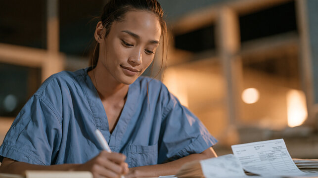 Filipino nurse finishing a night shift, sitting in a hospital break room with payslips from her main job and a weekend tutoring side gig spread before her, comparing income