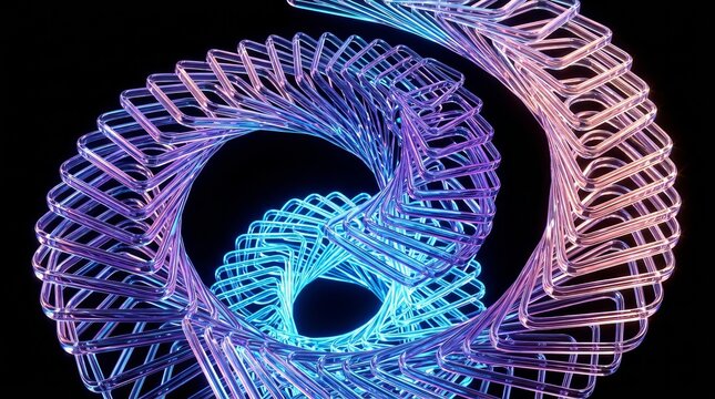 Vibrant neon colored wireframe sculpture with spiral design on black background