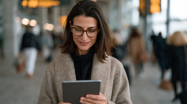 Lebanese woman in her forties scrolls through an alumni network platform on a tablet at a busy airport terminal, connection requests and mentorship alerts populating her screen as