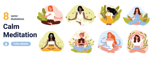 Fototapeta premium Collection of eight calm meditation women in yoga poses with leaves and peaceful expressions, wellness mindfulness relaxation concept isolated on white background vector illustration