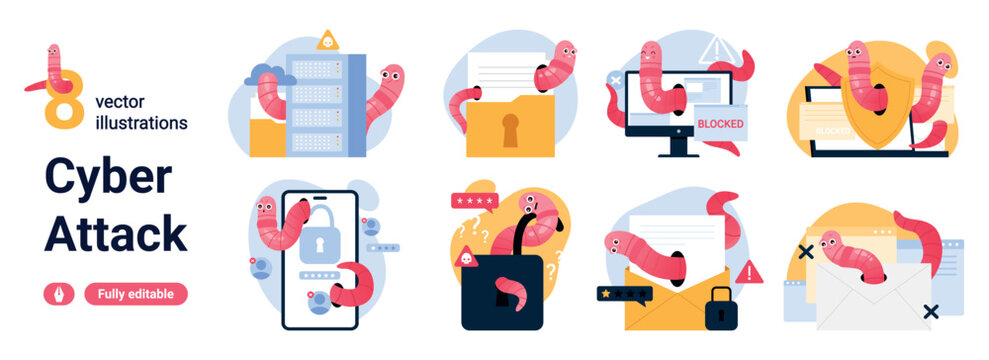 Collection of cyber attack concepts with worms, phishing emails, hacked devices, blocked screens, malware alerts and data breach scenes isolated on white background vector illustration