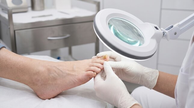 Podologist examining a discolored toenail under a magnifying lamp during a foot care consultation for suspected fungal nail infection.