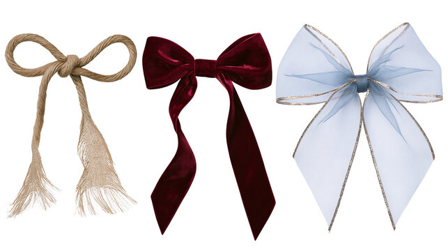 Three decorative bows jute twine with frayed ends deep red velvet, and sheer pale blue organza with gold trim