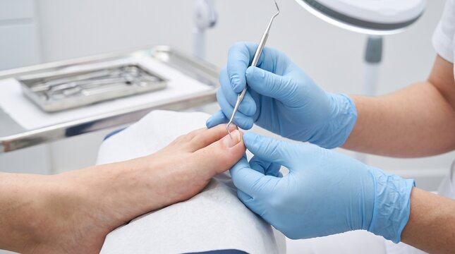 Podologist examining an ingrown toenail on a patient's big toe with a sterile probe during foot care treatment in a podiatry clinic.