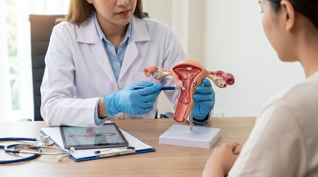 Gynecologist explaining uterine fibroids to a female patient using an anatomical uterus model and tablet during a reproductive health consultation