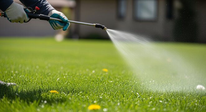 Pest control professional applying pesticide on lush green lawn for optimal pest management outdoors