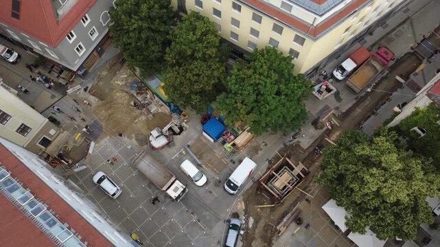 Aerial top down of street construction site in Graz old town